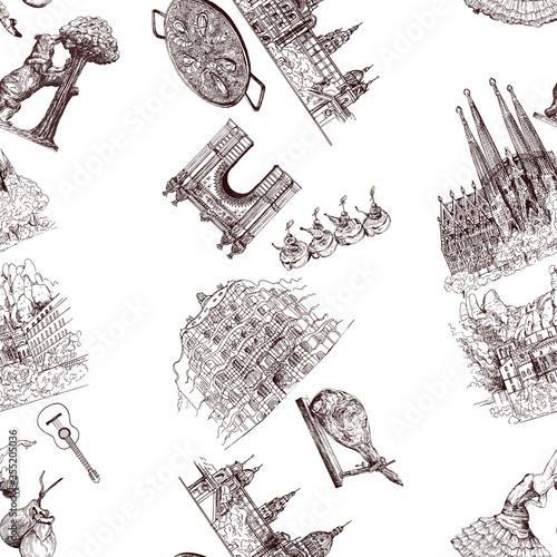 Seamless pattern of hand drawn sketch style Spain related objects isolated on white background. Vector illustration.
