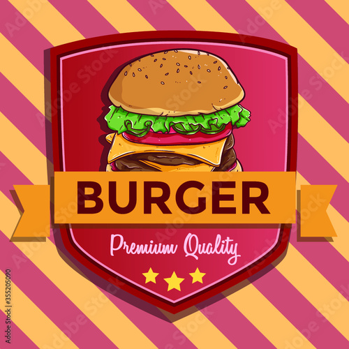 fast food badge or banner with burger illustration and also with text premium quality