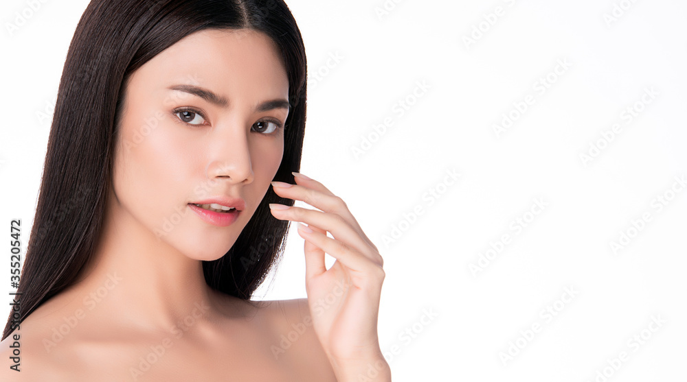 Beautiful Young asian Woman touching her clean face with fresh Healthy Skin, isolated on white background, Beauty Cosmetics and Facial treatment Concept Beautiful Young asian Woman touching her clean face with fresh Healthy Skin, isolated on white background, Beauty Cosmetics and Facial treatment Concept