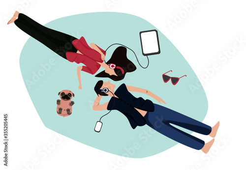 teenager couple listening to music Poscast E-learning with headphone on floor. Psychotherapy Society psychiatry concept. Male Female lying at home. Social distance quantine during coronavirus. Vector