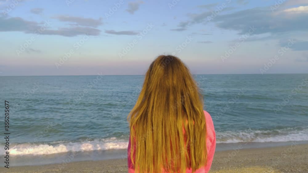 Video Stock Girl with long hair on the sea sand beach back view with ...