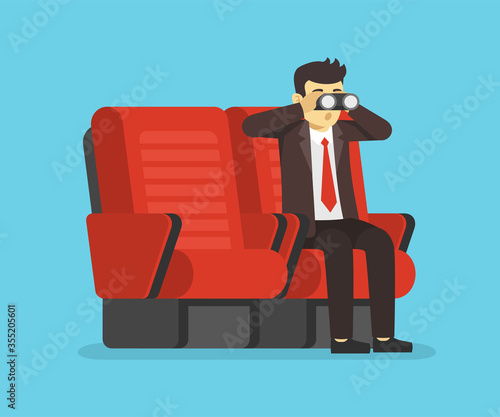 Man sitting on chair and looking through binoculars in theater or cinema. Flat vector illustration.