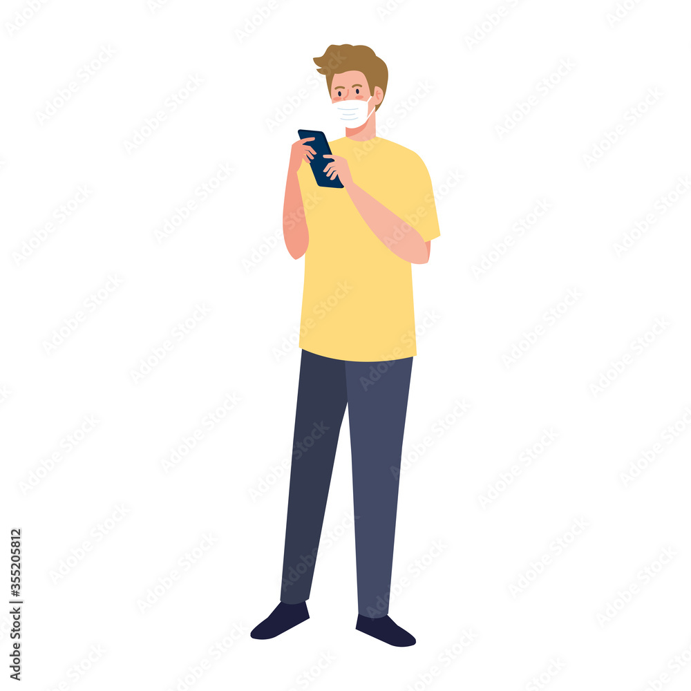 Man with medical mask holding smartphone vector design Man with medical mask holding smartphone vector design