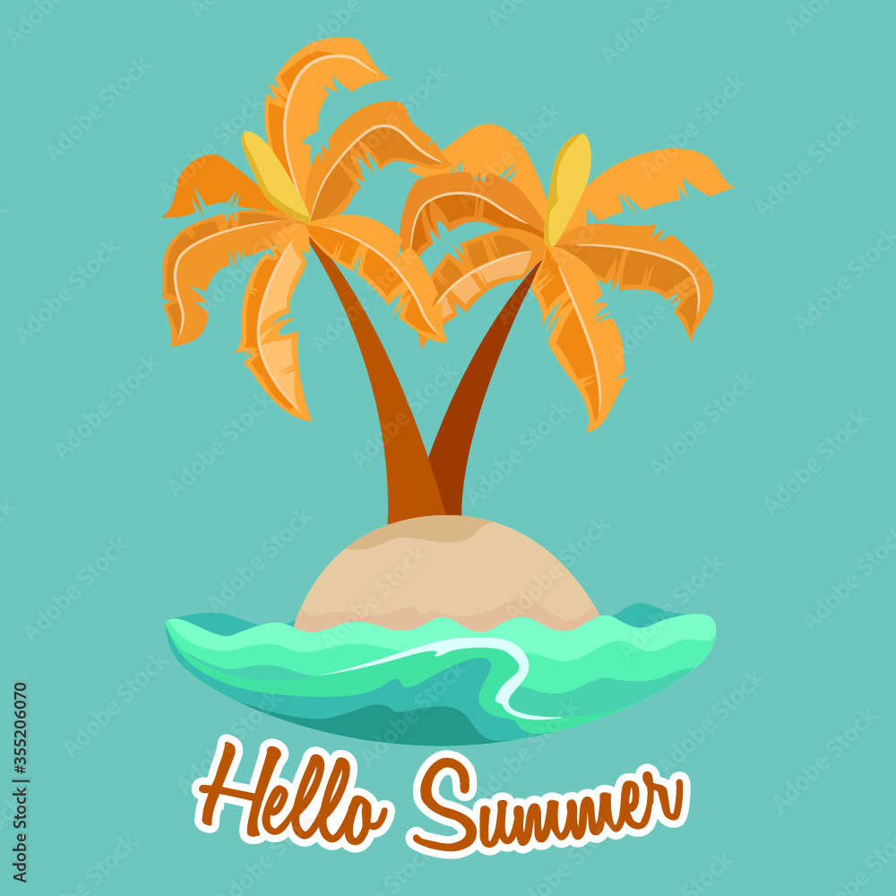 Naklejka premium hello summer illustration with coconut tree on small island
