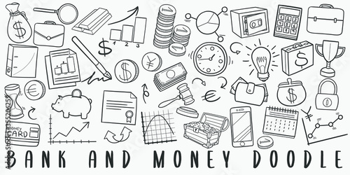 Bank and Money Doodle Line Art Illustration. Hand Drawn Vector Clip Art. Banner Set Logos.
