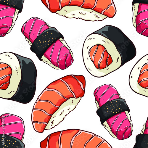 japanese seafood in seamless pattern with sushi roll or futo maki, sake nigiri and maguro nigiri with nori on white background