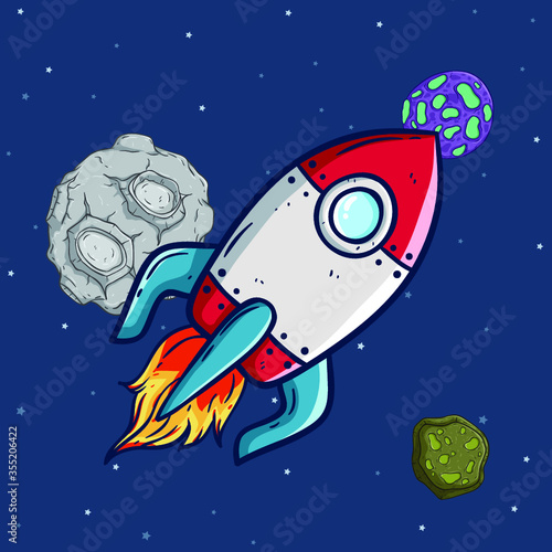 Rocket or spaceship flying in outer space with star and meteorite