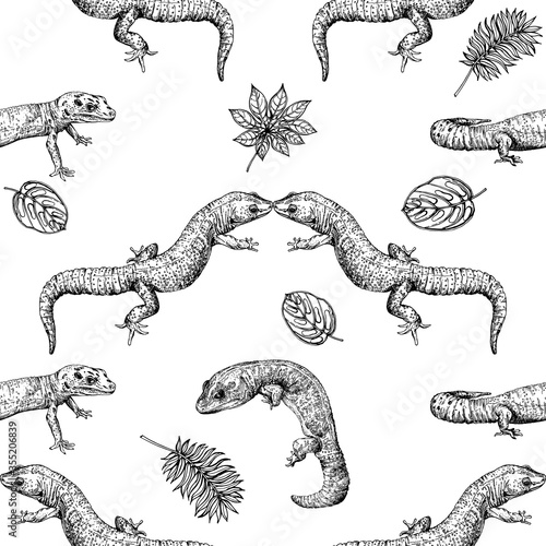 Seamless pattern of hand drawn sketch style geckos and plants isolated on white background. Vector illustration.