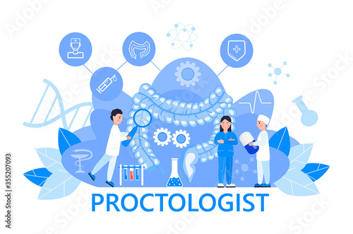 Proctologist concept vector for medical web. app. blog.Intestine doctors examine, treat dysbiosis. Tiny therapist of proctology looks through a magnifying glass at harmful bacteria.
