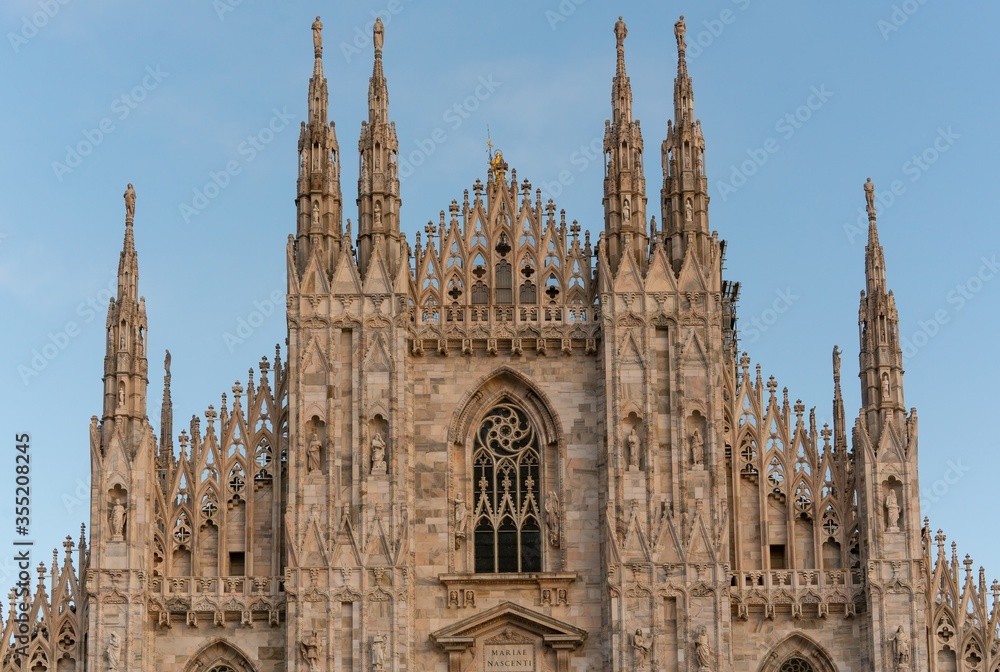 Detail of The Milan Cathedral (Milan Duomo) on blue sky, Milan (Milano), Italy