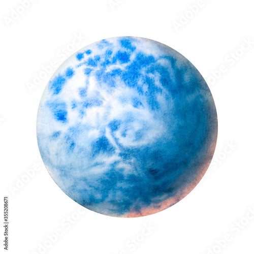 Planet blue painted in watercolor on a white background. Brush drawing a planet. The texture in the circle. Art planet. A space object similar to the earth.