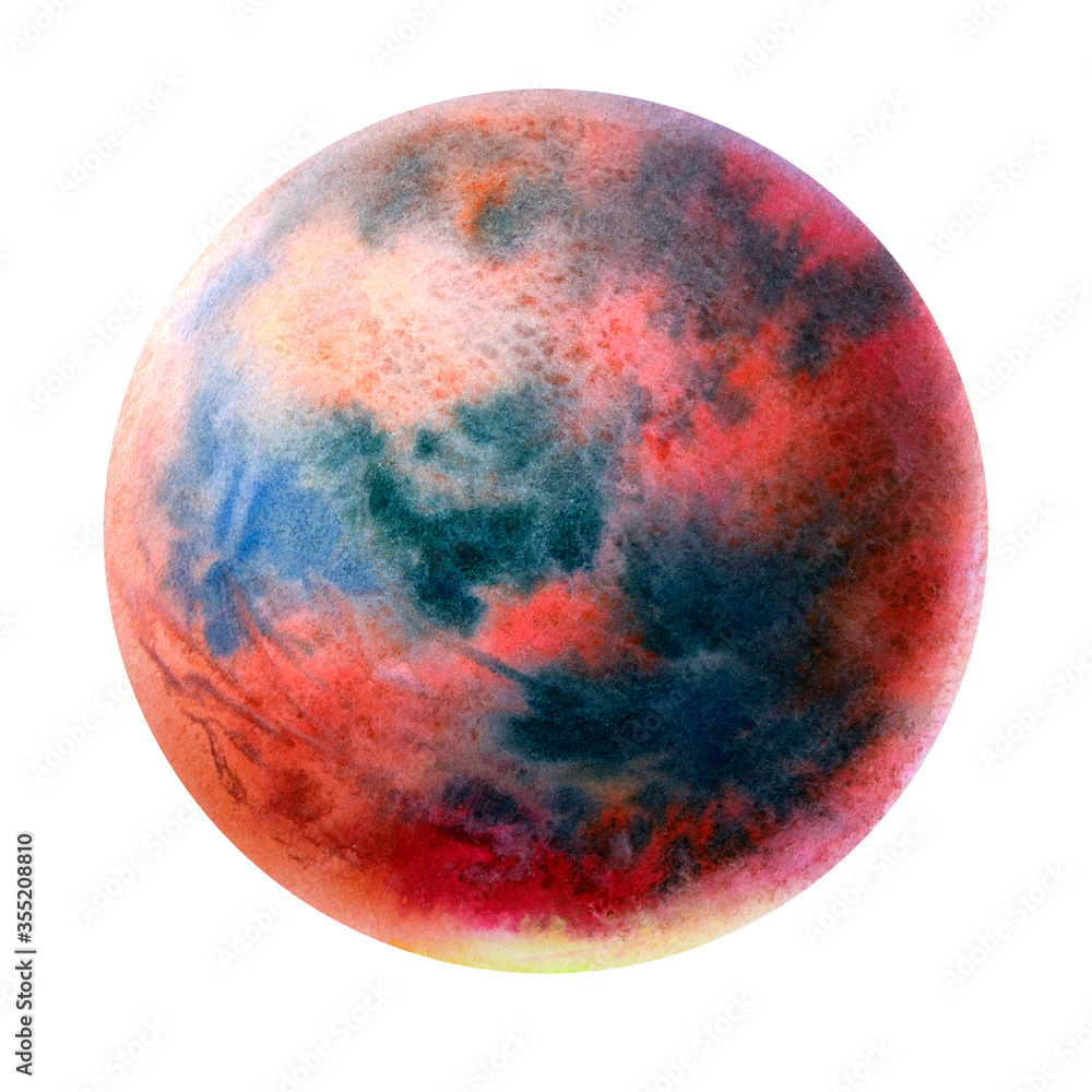 Abstract red planet painted in watercolor on a white background. Brush drawing a planet. The texture in the circle. Art planet. Abstract red planet painted in watercolor on a white background. Brush drawing a planet. The texture in the circle. Art planet.