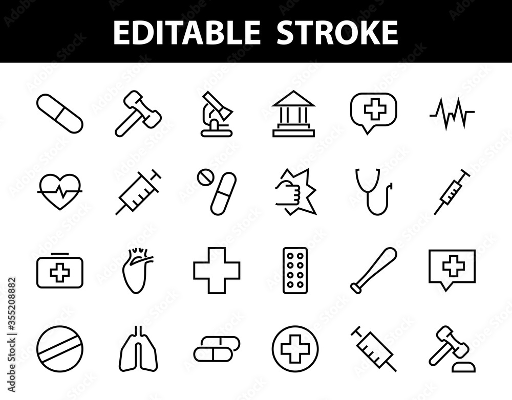 A simple set of medicine ICONS, contains medicine icons, pills, related vector line icons. thin lines, pain, syringe, lungs, microscope, cardiogram, virus and much more. Editable stroke. A simple set of medicine ICONS, contains medicine icons, pills, related vector line icons. thin lines, pain, syringe, lungs, microscope, cardiogram, virus and much more. Editable stroke.