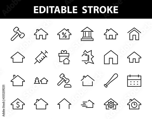 Simple set of line vector home icons. Contains house symbols at interest, infuse house and more. Editable stroke. 480x480 pixels perfect
