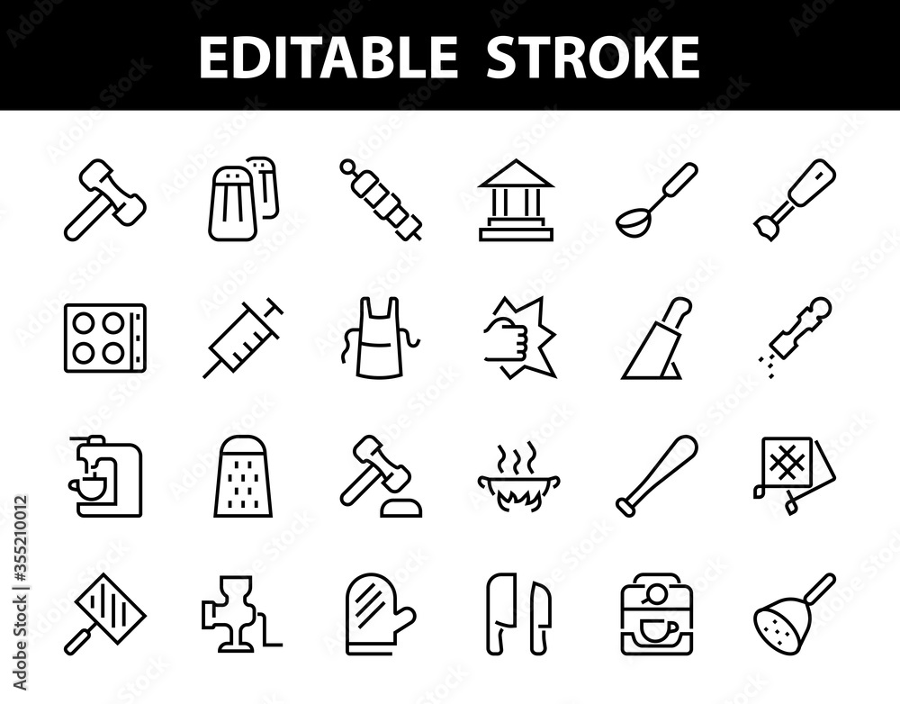 KITCHEN ICON Cooking process, Kitchen tools, Icon set, thin line vector has a blender, oven, knife, grater, barbecue, apron, barbecue, grill, coffee machine, kitchen glove, Editable stroke KITCHEN ICON Cooking process, Kitchen tools, Icon set, thin line vector has a blender, oven, knife, grater, barbecue, apron, barbecue, grill, coffee machine, kitchen glove, Editable stroke