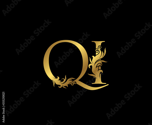 Heraldic Gold letter Q, I and QI Vintage decorative ornament letter stamp, wedding logo, classy letter logo icon.