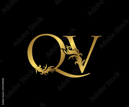 Heraldic Gold letter Q, V and QV Vintage decorative ornament letter stamp, wedding logo, classy letter logo icon.