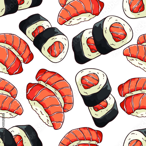 sushi roll or futo maki and sake nigiri with japanese seafood concept in seamless pattern
