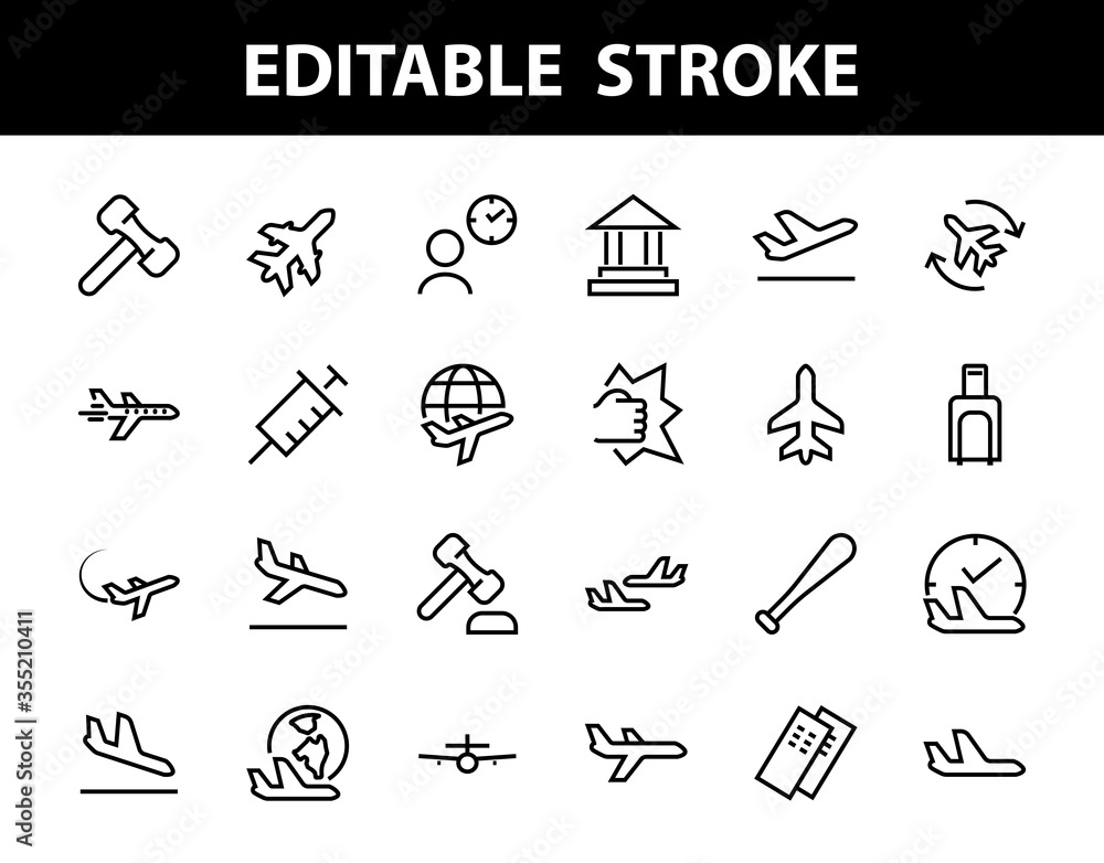 Fototapeta premium A simple set of airport related vector line icons. Contains badges such as departure, boarding, waiting time, boarding, find a place to travel tickets, and much more. Editable stroke. 48x48 pixels