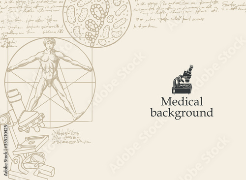 Medical background with inscription, drawings, illegible entries and place for text. Hand-drawn vector illustration in retro style on the theme of medicine, biology, genetics, chemistry.