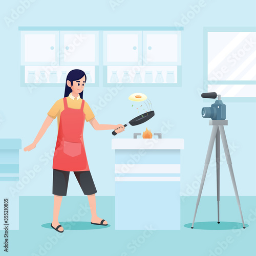 Woman food vlogger give cooking tutorial