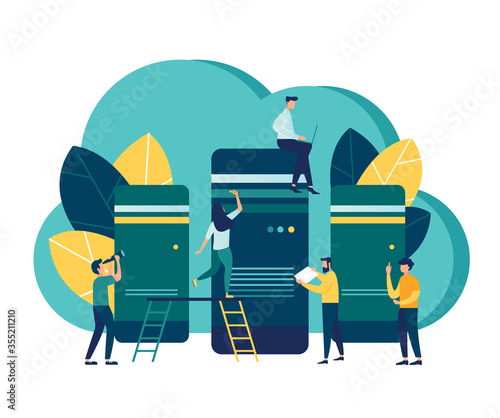 Server room for network and telecommunication technologies, conceptual vector illustration on a white background, cloud storage of data, information, file transfer over a network