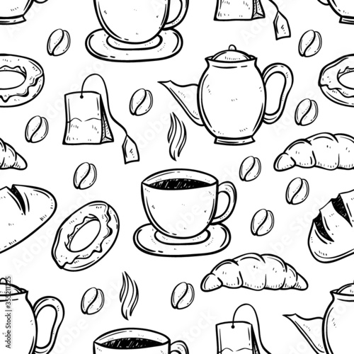 tea and coffee time using doodle art in seamless pattern