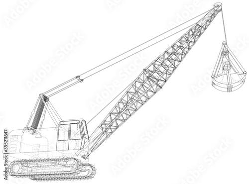 Dragline excavator. The layers of visible and invisible lines are separated. The layers of visible and invisible lines are separated. Wire-frame outline.