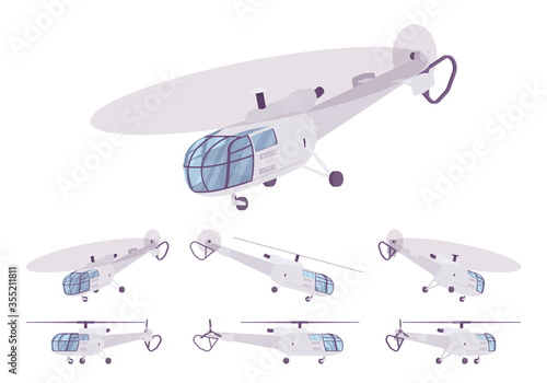 Helicopter empty white template set. Rotary business vehicle for marketing and advertising design, delivery or corporate aviation tourism. Vector flat style cartoon illustration, different mockup view