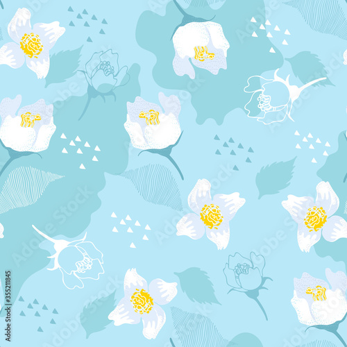 Blue seamless pattern with jasmine flowers and leaves. Bright background.