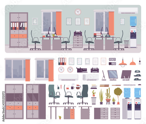 Office creative workspace design, comfortable collaboration workplace interior construction set with furniture, constructor element to make own environment. Cartoon flat style infographic illustration