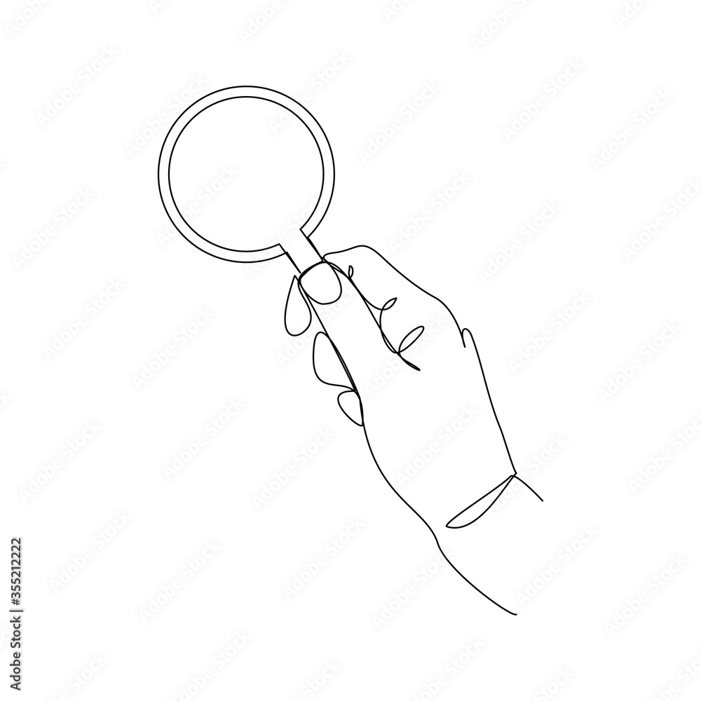 Continuous line drawing of hand holding magnifying glass . Vector illustration - obrazy, fototapety, plakaty 