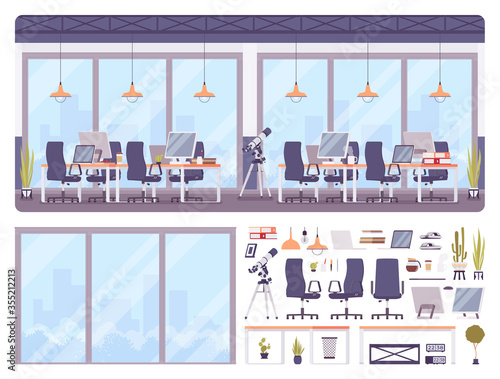 Traditional office workplace environment interior construction set, kit with modern furniture and equipment, constructor element to build your own design. Cartoon flat style infographic illustration