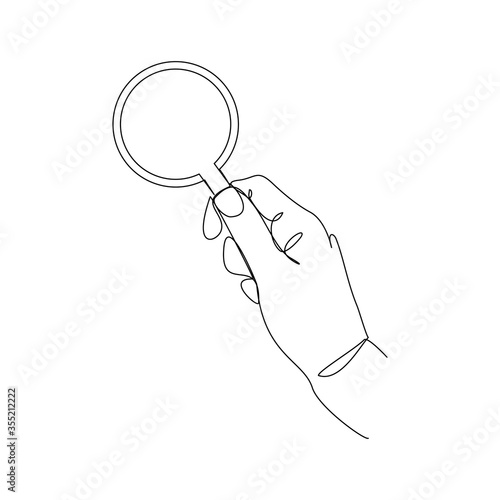 Continuous line drawing of hand holding magnifying glass . Vector illustration