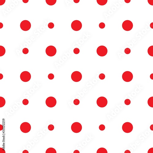 Seamless abstract pattern with big red circles and dots on white background.