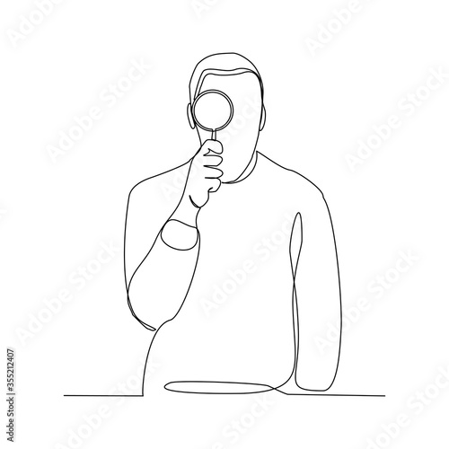 Continuous line drawing of business man hold magnifying glass to analyze work. Vector illustration