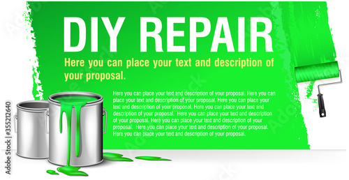 green banner for advertising diy repair with paint bank. You can place your text and description of proposal here

