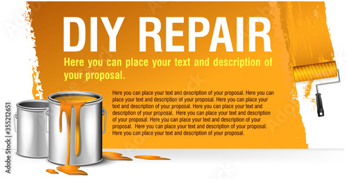 yellow banner for advertising diy repair with paint bank. You can place your text and description of proposal here