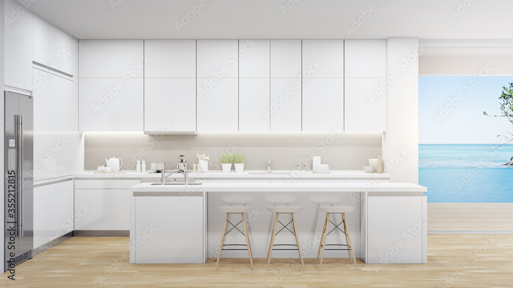 Island of modern kitchen in luxury beach house. Home interior 3d