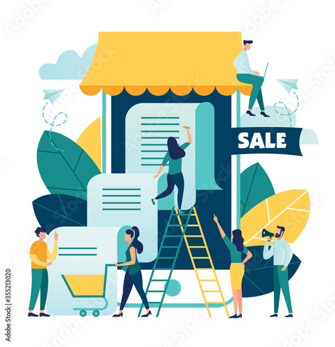 Vector illustration, flat style, online shopping, receiving a check through the phone, business concept, online store, buying and selling