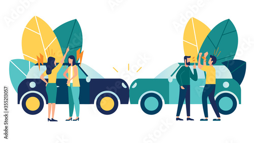 Vector illustration, car accident, flat style, people drivers swear, not compliance with traffic rules
