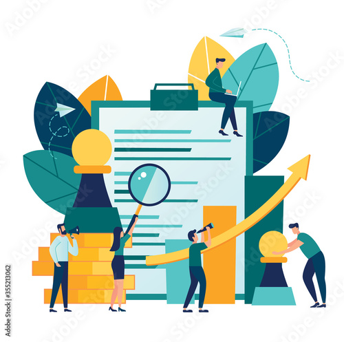 Vector illustration, flat style, strategy and planning, project analysis, financial report and successful business development, a group of people make up a plan, chess pieces