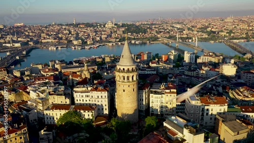 Galata Tower aerial view with Drone From Istanbul Turkiye.