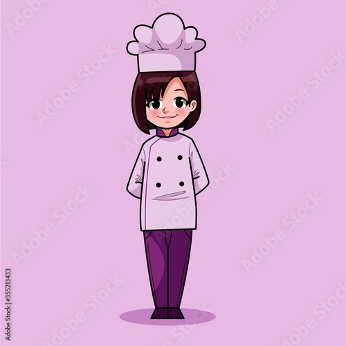 Cute Hand Drawn of Smiling Happy People Young Girl Chef Wearing Uniform. Suitable For Children Kids Activity Book, Mascot, Character, Sticker, T-Shirt, Logo, Cards. Cartoon Illustration. Doodle.