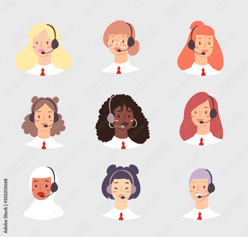 Cartoon avatar set of cute happy young women customer support phone operator with mix race nationality. Portrait of smiling girls, callcenter workers with headset. Client services and communication Cartoon avatar set of cute happy young women customer support phone operator with mix race nationality. Portrait of smiling girls, callcenter workers with headset. Client services and communication
