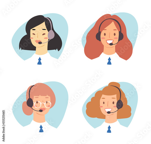 Cartoon avatar set of cute happy young women customer support phone operator with mix race nationality. Portrait of smiling girls, callcenter workers with headset. Client services and communication