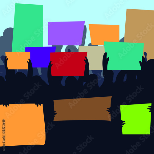 flat vector illustration of a group of demonstrators in a protest or expressing an aspiration photo