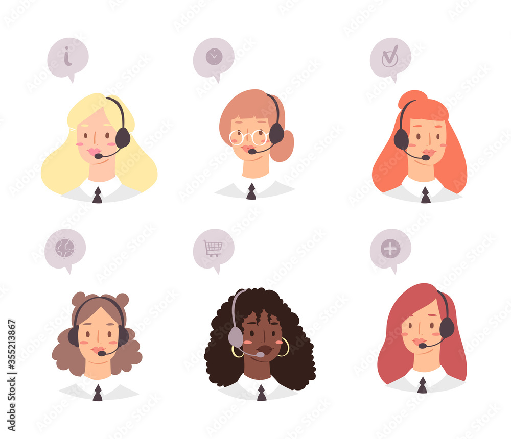 Cartoon avatar set of cute happy young women customer support phone operator with mix race nationality. Portrait of smiling girls, call center workers with headset and speech bubbles with web icons Cartoon avatar set of cute happy young women customer support phone operator with mix race nationality. Portrait of smiling girls, call center workers with headset and speech bubbles with web icons