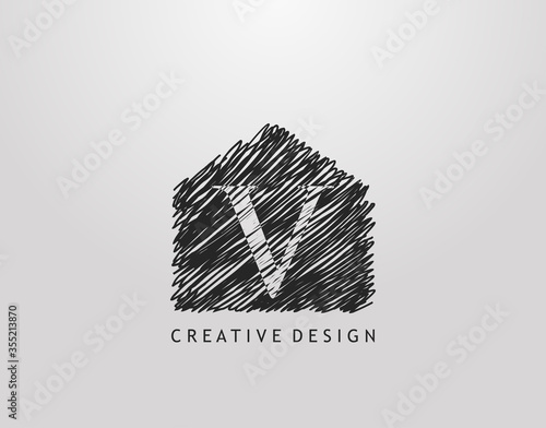 V Letter Logo. Abstract hand drawn house line stroke shape with negative space of letter V. Modern  minimalist and retro concept design.