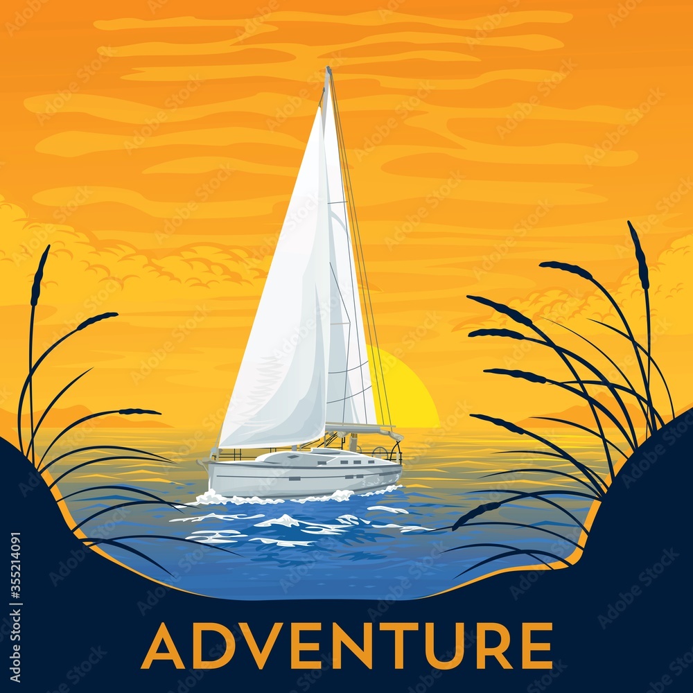 Naklejka premium Vector illustration. Yacht boat, sea, water. Sunset, calm landscape. Ship, sunrise, ocean, beach. Sailing, adventure, travel around the world. Image retro, vintage poster, travel agency, advertising